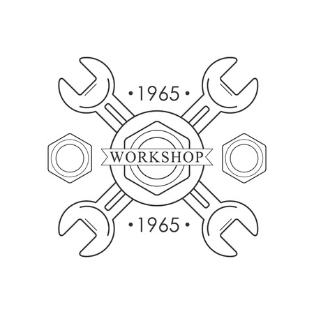 Crossed Wrenches Premium Quality Wood Workshop Monochrome Retro Stamp Design Template. Black And White Illustration With Instruments And Working Equipment Objects Silhouettes With Text.のイラスト素材