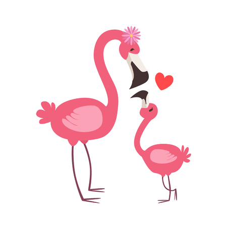 Pink Flamingo Mom With Flower Animal Parent And Its Baby Calf Parenthood Themed Colorful Illustration With Cartoon Fauna Characters. Smiling Zoo Wildlife Loving Family Members United With Heart Symbol Vector Drawingのイラスト素材
