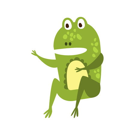 Frog Sitting Like Man Speaking Flat Cartoon Green Friendly Reptile Animal Character Drawing. Part Of Toad And Its Different Positions And Activities Collection Of Childish Fauna Colorful Vector Illustrations.のイラスト素材