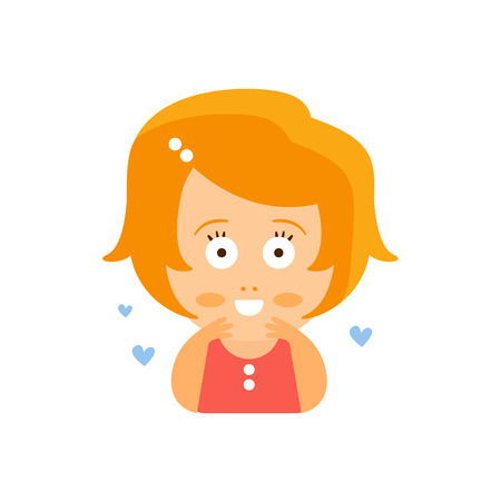 Little Red Head Girl In Red Dress In Love Blushing Flat Cartoon Character Portrait Emoji Vector Illustration. Part Of Emotional Facial Expressions And Activities Of Small Cute Kid.のイラスト素材