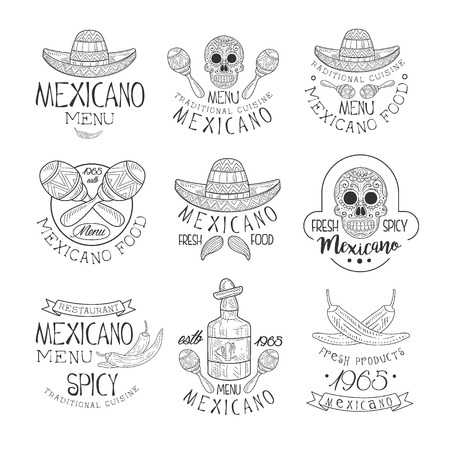 National Traditional Mexican Cuisine Restaurant Hand Drawn Black And White Sign Design Template Collection With Cultural Symbols Of Mexico. Monochrome Sketch Style Vector Food Labels With Artistic Details And Calligraphic Text,のイラスト素材