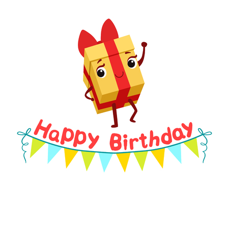Gift Box And Paper Garland Kids Birthday Party Happy Smiling Animated Object Cartoon Girly Character Festive Illustration. Part Of Vector Collection Of Fantasy Creatures On Children Celebration Flat Drawings.のイラスト素材