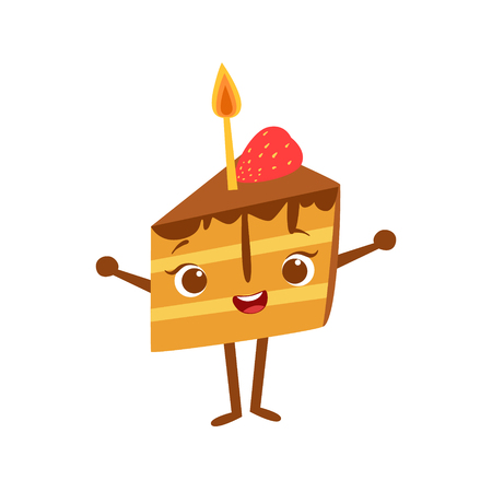 Piece Of Cake With Candle Kids Birthday Party Happy Smiling Animated Object Cartoon Girly Character Festive Illustration. Part Of Vector Collection Of Fantasy Creatures On Children Celebration Flat Drawings.のイラスト素材