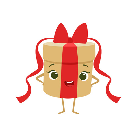 Round Gift Box With Red Bow Kids Birthday Party Happy Smiling Animated Object Cartoon Girly Character Festive Illustration. Part Of Vector Collection Of Fantasy Creatures On Children Celebration Flat Drawings.のイラスト素材