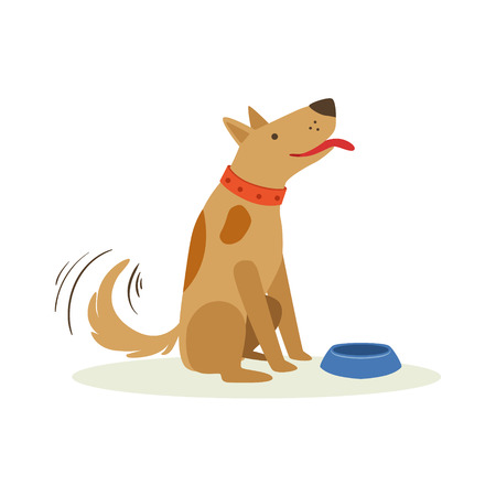 Brown Pet Dog Waiting To Be Fed With Dog Food, Animal Emotion Cartoon Illustration. Cute Realistic Active Hound Vector Character Everyday Life Scene Emoji.のイラスト素材