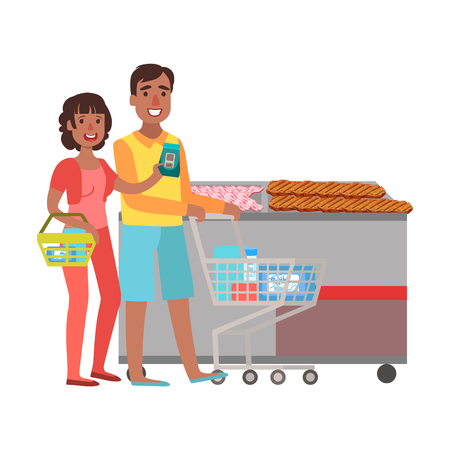 Couple Grocery Shopping, Shopping Mall And Department Store Section Illustration. Person Standing Next To Supermarket Showcase With Goods On The Shelf Smiling Cartoon Character.のイラスト素材