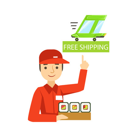 Delivery Service Worker In Red Uniform Holding A Portion Of Sushi Rolls From Japanese Restaurant Ready For Shipment. Cartoon Vector Illustration From The Collection Of Asian Food Takeout Company Process Of Office And Home Food Delivery.のイラスト素材