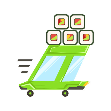 Fast Delivery Service Green Car With Japanese Sushi Rolls On The Roof Going To Deliver Food. Cartoon Vector Illustration From The Collection Of Asian Food Takeout Company Process Of Office And Home Food Delivery.のイラスト素材