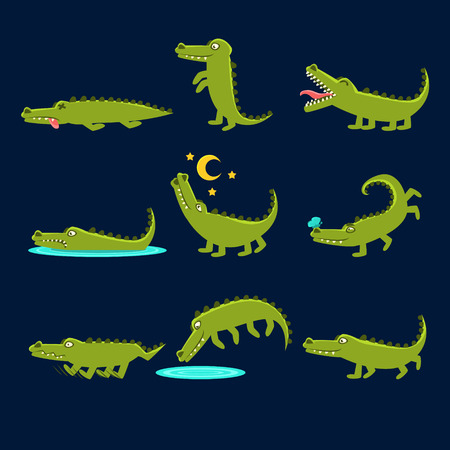 Smiling Friendly Crocodile Cartoon Character And Its Everyday Wild Animal Activities Set Of Illustrations. Green Alligator And Its Different Life Situations Vector Drawings In Childish Cute Manner.のイラスト素材
