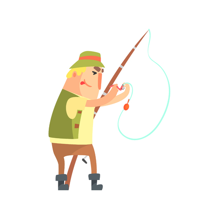 Amateur Fisherman In Khaki Clothes Placing A Worm Bait On Hook Cartoon Vector Character And His Hobby Illustration. Man On His Leisure Outdoors Fishing Trip Wearing Typical Outfit Vector Funny Drawing.のイラスト素材