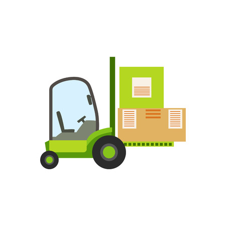 Green Forklift Warehouse Car Lifting The Paper Box Packages, Storeroom Machinery Without Driver. Part Of Storehouse And Logistic Service Depository Collection Of Vector Illustrations.のイラスト素材