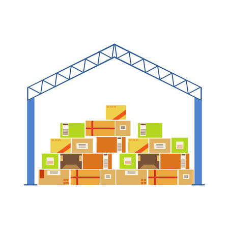 Warehouse Building Metal Roof Construction With Piled Up Paper Box Packages Stored Underneath. Part Of Storehouse And Logistic Service Depository Collection Of Vector Illustrations.のイラスト素材