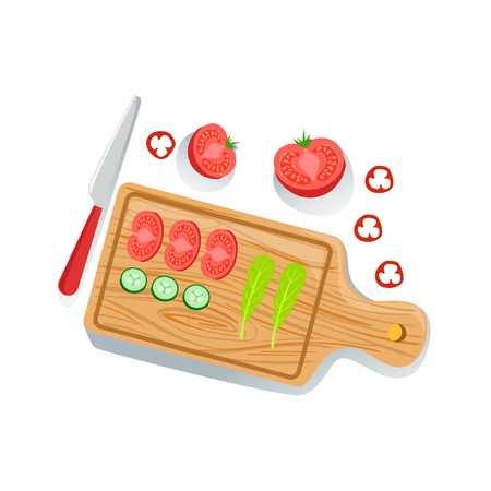 Cut Tomato, Cucumber And Salad On Cutting Board Fresh Organic Vegetables Illustration With Farm Grown Eco Products. Vegetarian Bio Food And Healthy Diet Element Cartoon Vector Drawing.のイラスト素材