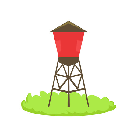 Red Water Barrel Cartoon Farm Related Element On Patch Of Green Grass. Colorful Vector Illustration With Farming And Rancho Associated Isolated Object.のイラスト素材