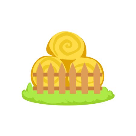 Pile Of Stacked Hay Rolls Cartoon Farm Related Element On Patch Of Green Grass. Colorful Vector Illustration With Farming And Rancho Associated Isolated Object.のイラスト素材