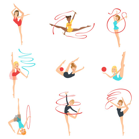 Rhythmic Gymnasts Training With Different Apparatus Set Of Flat Simplified Childish Style Cute Vector Illustrations Isolated On White Backgroundのイラスト素材