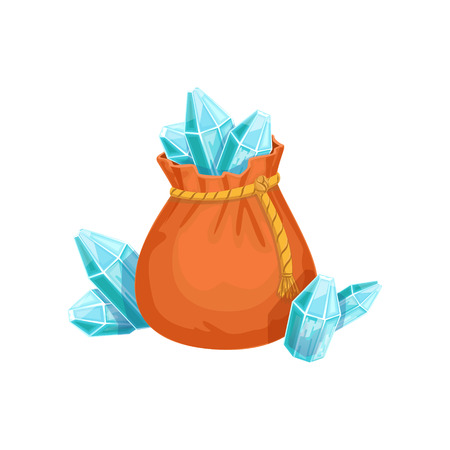 Small Sack Of Blue Crystal Gems, Hidden Treasure And Riches For Reward In Flash Came Design Variation. Cartoon Cute Vector Illustration With Isolated Treasury Object For Bonus Element In Video Games.のイラスト素材