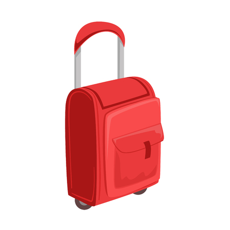 Small Red Suitcase With Pockets On Wheels With Telescopic Handle Item From Baggage Bag Cartoon Collection Of Accessories. Personal Travel Luggage Piece Isolated Vector Icon.のイラスト素材