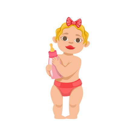 White Toddler Girl Standing With Bottle, Part Of Growing Stages With Kids In Different Age Vector Set. Cartoon Character Development Process Stage Collection Piece Vector Illustration.のイラスト素材