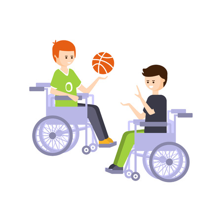Physically Handicapped Person Living Full Happy Life With Disability Illustration With Smiling Guys In Wheelchairs Playing Basketball. Disabled Cartoon Character With Physical Impairment Vector Drawing.のイラスト素材