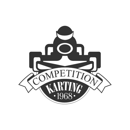 Karting Club Competition Black And White   Design Template With Rider In Kart Silhouette. Monochrome Vector Promo Emblem With Text And Fast Car Print.のイラスト素材