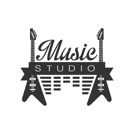 Music Record Studio Black And White Logo Template With Sound Recording Retro Elements Silhouettes. Musical Producing Label Vintage Monochrome Emblem With Text Vector Illustration.のイラスト素材
