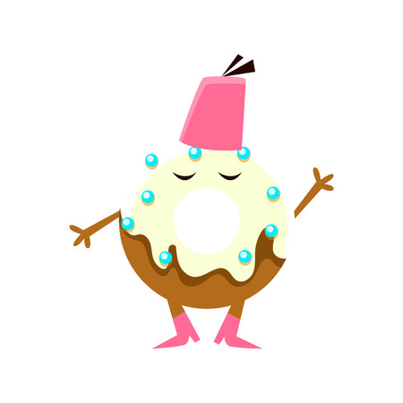 Humanized Doughnut With White Glazing Wering Fez Hat Cartoon Character With Arms And Legs. Sweet Pastry Donut With Sprinkles Isolated Vector Illustration.のイラスト素材