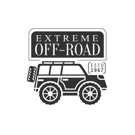 Off-Roader Extreme Club And Rental Black And White Promo Label Design Template. Vector Monochrome Emblem For ATV Four Wheels Renting Service With Text And Car Silhouette.のイラスト素材