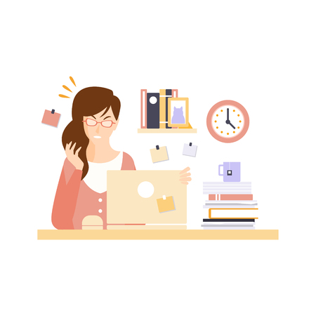 Angry Woman Office Worker In Office Cubicle Having Her Daily Routine Situation Cartoon Character. Vector Primitive Illustration With Company Employee At Her Desk.のイラスト素材