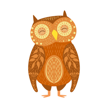 Owl Relaxed Cartoon Wild Animal With Closed Eyes Decorated With Boho Hipster Style Floral Motives And Patterns. Flat Vector Forest Peaceful Fauna Illustration With Hand Drawn Artistic Ornamental Elements.のイラスト素材
