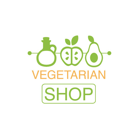 Vegan Natural Food Green Logo Design Template With Oil, Avocado And Oil Promoting Healthy Lifestyle And Eco Products. Fresh Bio Vegetables And Vegetarian Diet Vecto Label With Text.のイラスト素材