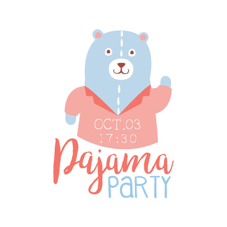 Girly Pajama Party Invitation Card Template With Teddy Bear Inviting Kids For The Slumber Pyjama Overnight Sleepover. Stencil For The Welcome Postcard With Night And Bed Symbols In Pastel Colors.のイラスト素材