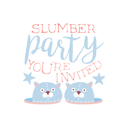 Girly Pajama Party Invitation Card Template With Pair Of Slippers Inviting Kids For The Slumber Pyjama Overnight Sleepover. Stencil For The Welcome Postcard With Night And Bed Symbols In Pastel Colors.のイラスト素材
