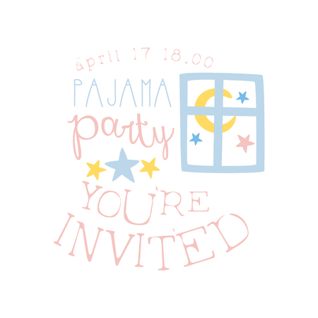 Girly Pajama Party Invitation Card Template With Night Window Inviting Kids For The Slumber Pyjama Overnight Sleepover. Stencil For The Welcome Postcard With Night And Bed Symbols In Pastel Colors.のイラスト素材