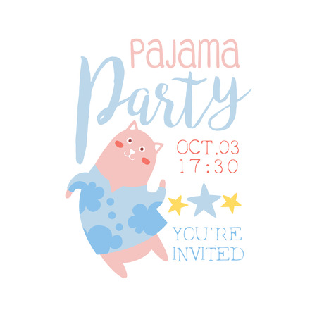 Girly Pajama Party Invitation Card Template With Cat Inviting Kids For The Slumber Pyjama Overnight Sleepover. Stencil For The Welcome Postcard With Night And Bed Symbols In Pastel Colors.のイラスト素材