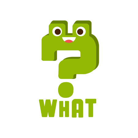 What And Question Mark, Word And Corresponding Illustration, Cartoon Character Emoji With Eyes Illustrating The Text. Primitive Symbol Emoticon For Messages Flat Vector Icon.のイラスト素材