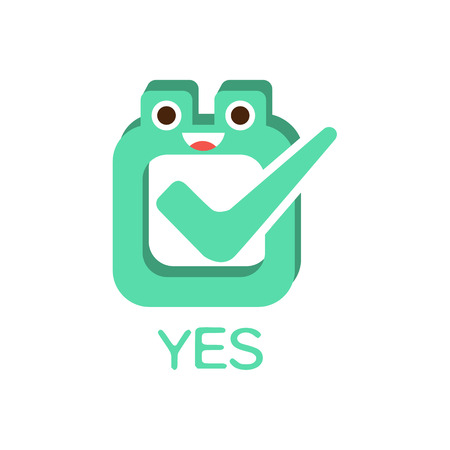 Yes Vote And Box, Word And Corresponding Illustration, Cartoon Character Emoji With Eyes Illustrating The Text. Primitive Symbol Emoticon For Messages Flat Vector Icon.のイラスト素材