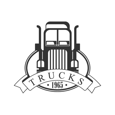 Heavy Trucks Company Club Logo Black And White Design Template With Ribbon. Monochrome Emblem For Delivery And Logistics Cargo Transport Services Vector Illustration.のイラスト素材