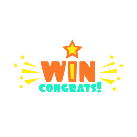 Win Congratulations Sticker With Star And Sparks Design Template For Video Game Winning Finale. Graphic Flat Vector Message With Text Saying Win! Congrats And Victory Symbolsのイラスト素材