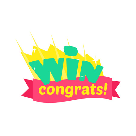 Win Congratulations Sticker Design With Green Letters And Red Ribbon Template For Video Game Winning Finale. Graphic Flat Vector Message With Text Saying Win! Congrats And Victory Symbolsのイラスト素材