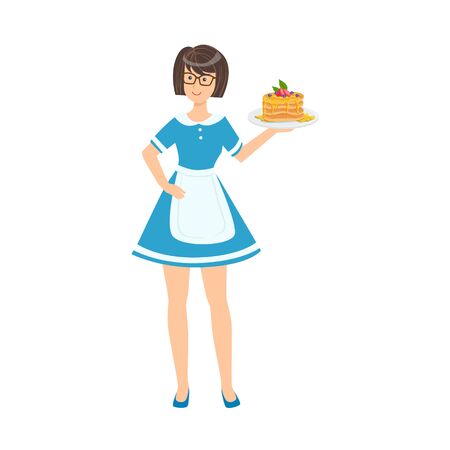 Waitress Holding Plate With Pancakes, Part Of Happy People And Their Professions Collection Of Vector Characters. Professional Person And Job Attributes And Outfit Cartoon Illustration.のイラスト素材