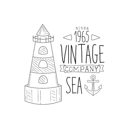 Anchor And Lighthouse Vintage Sea And Nautical Symbol Hand Drawn Sketch Label Template. Part Of Marine Emblem Collection Of Artistic Retro Vector Illustrations.のイラスト素材