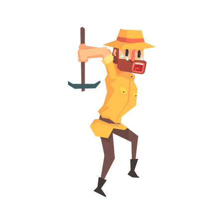 Adventurer Archeologist In Outfit And Hat Working With Pick Axe Illustration From Funny Archeology Scientist Series Tasmeemme Com