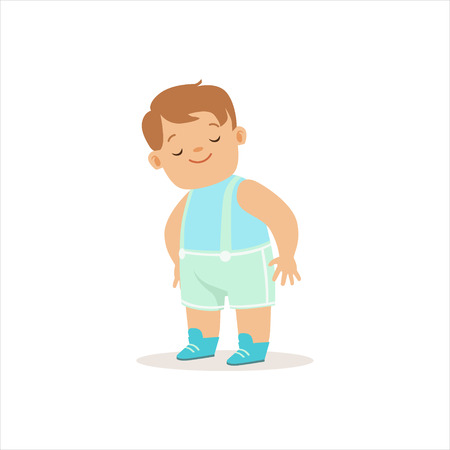 Sleepy Boy In Blue Standing, Adorable Smiling Baby Cartoon Character Every Day Situationのイラスト素材