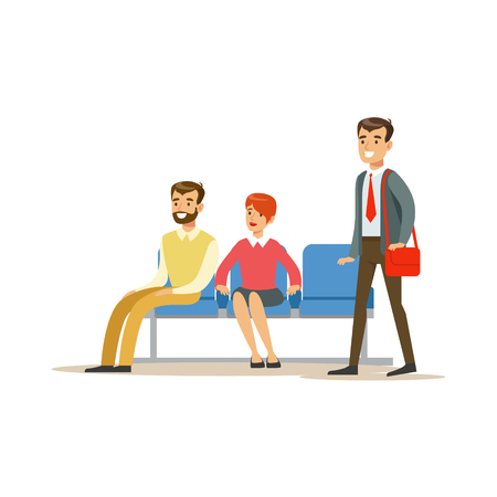 Three Person Waiting In Queue. Bank Service, Account Management And Financial Affairs Themed Vector Illustrationのイラスト素材