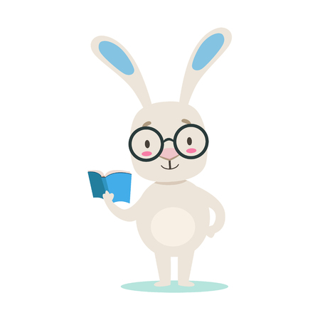 Clever Little Girly Cute White Pet Bunny Wearing Glasses Reading A Book, Cartoon Character Life Situation Illustrationのイラスト素材