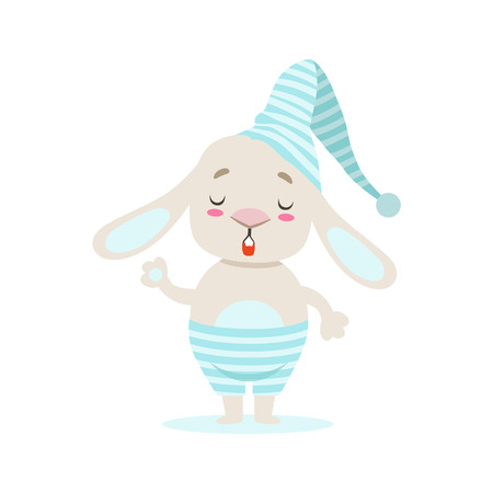 Little Girly Cute White Pet Bunny In Stripy Blue Night Hat, Cartoon Character Life Situation Illustrationのイラスト素材