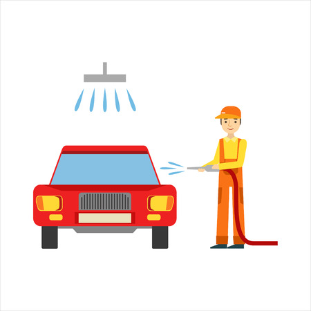 Smiling Mechanic Washing The Car In The Garage, Car Repair Workshop Service Illustrationのイラスト素材
