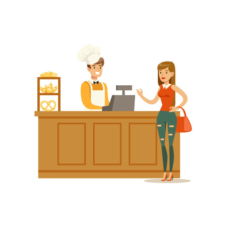 Woman Buying Pastry From The Baker In The Bakery Shop Ordering At The Counter Vector Illustrationのイラスト素材