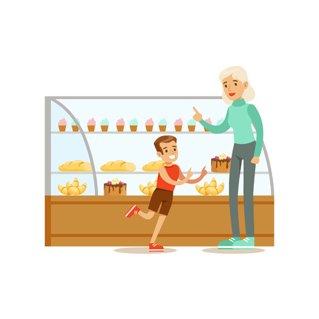 Kid And His Grandma Choosing Pastry To Buy From The Bakery Shop Assortment Vector Illustrationのイラスト素材
